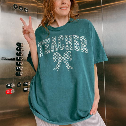 Teacher Retro Checkered Bow