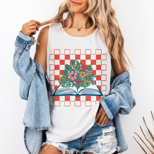 Book and Flowers Checkered Tank Top