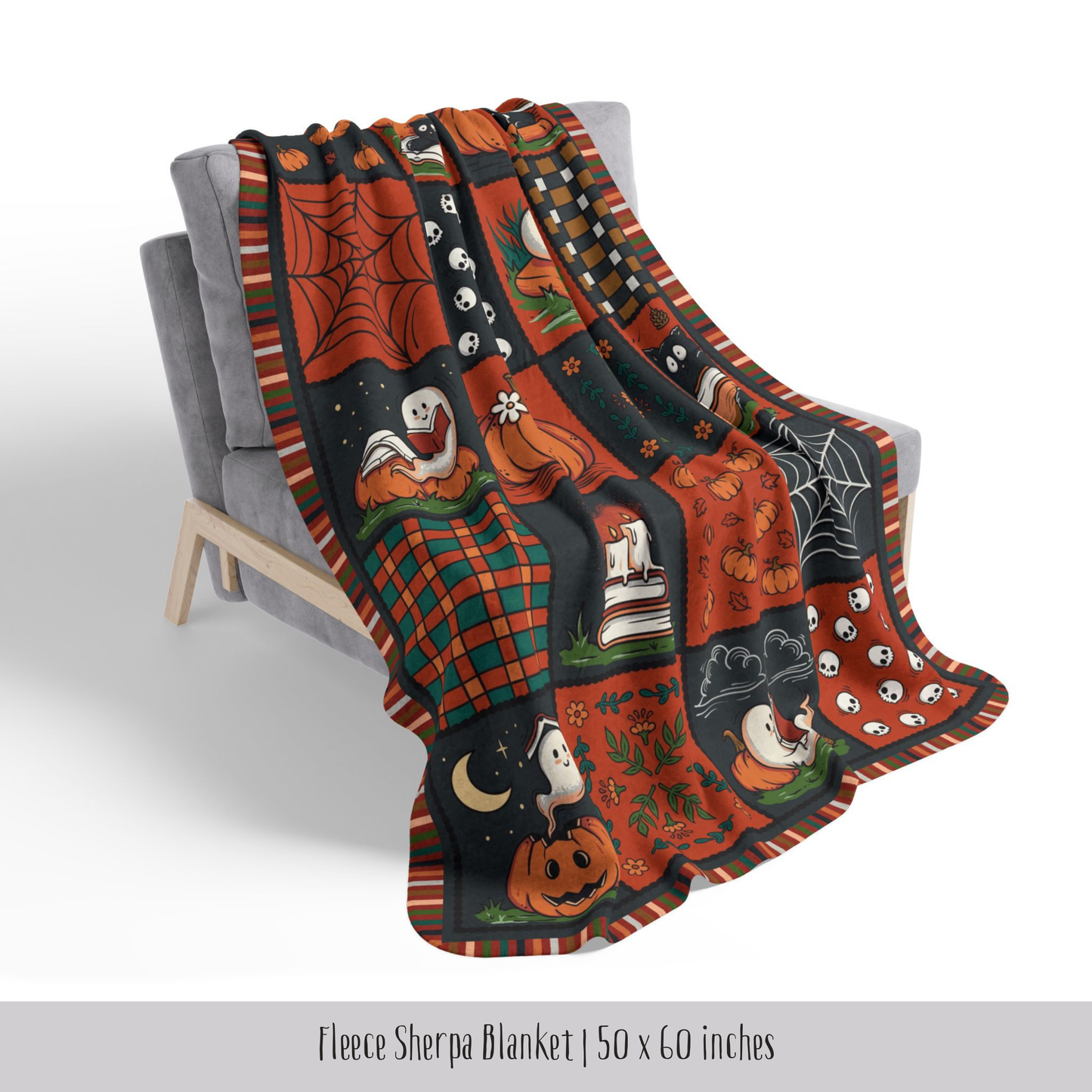 Spooky Patchwork Fleece Sherpa Blanket | Ghosts, Cats & Books
