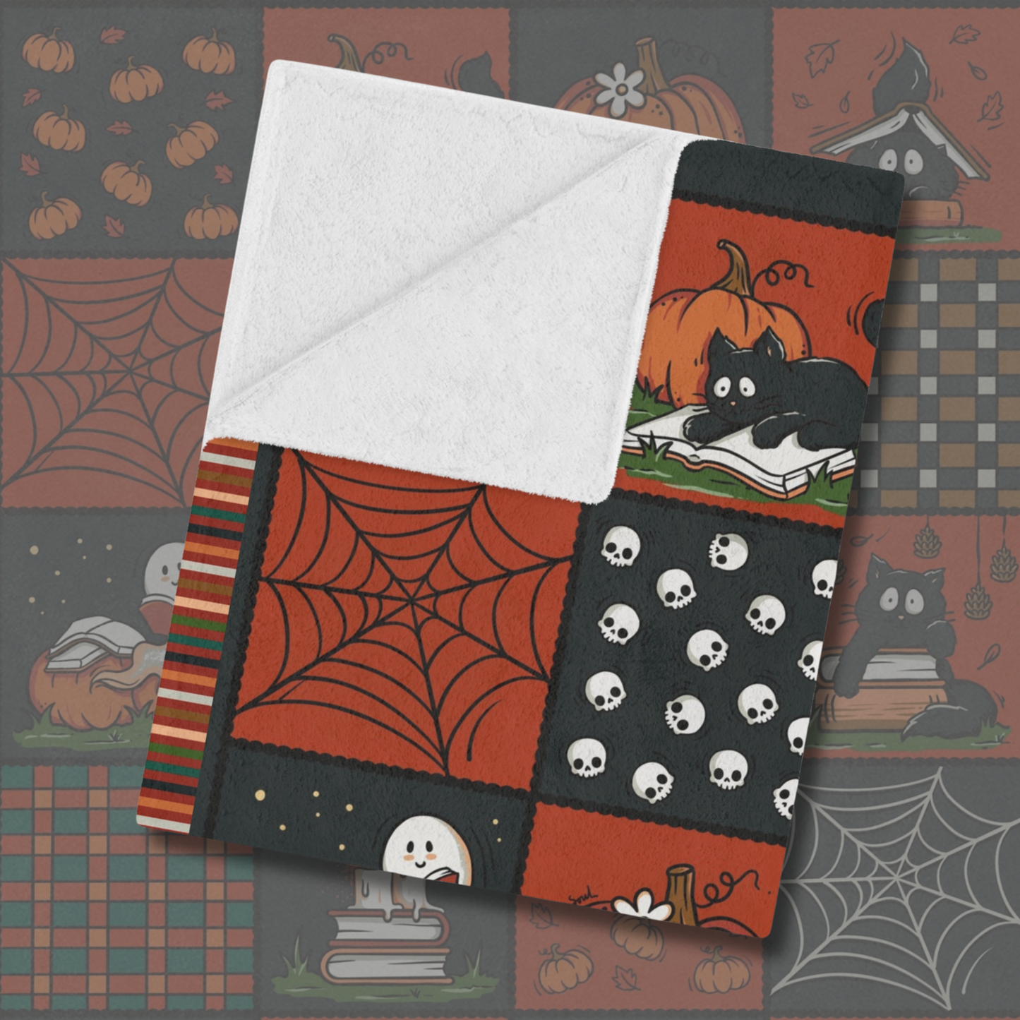 Spooky Patchwork Velveteen Blanket | Ghosts, Cats & Books