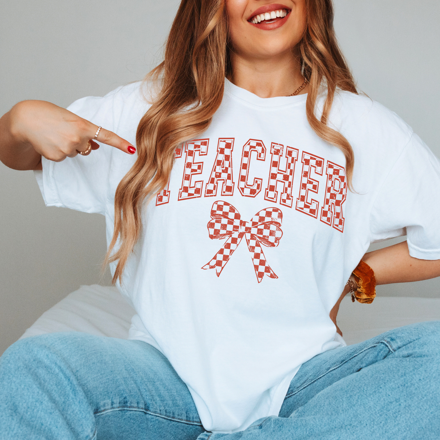 Teacher Retro Checkered Bow