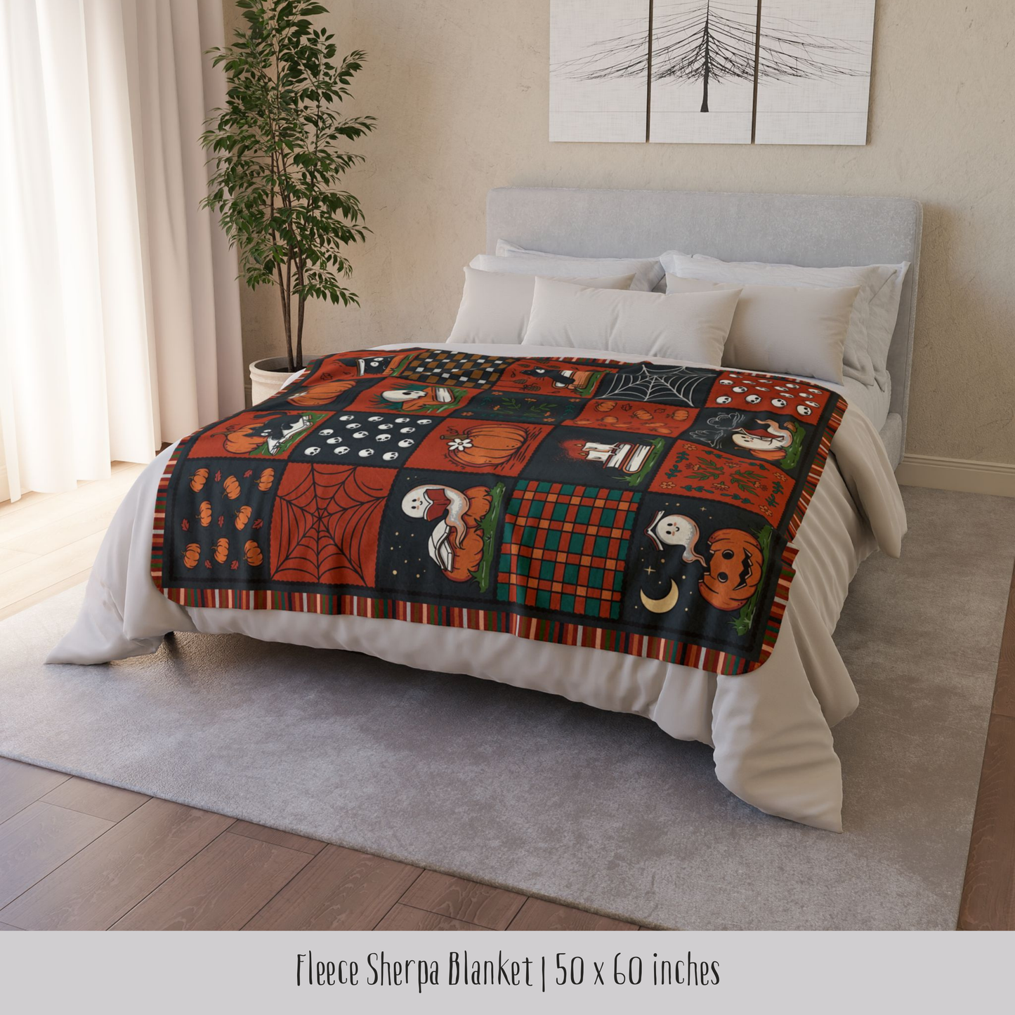 Spooky Patchwork Fleece Sherpa Blanket | Ghosts, Cats & Books