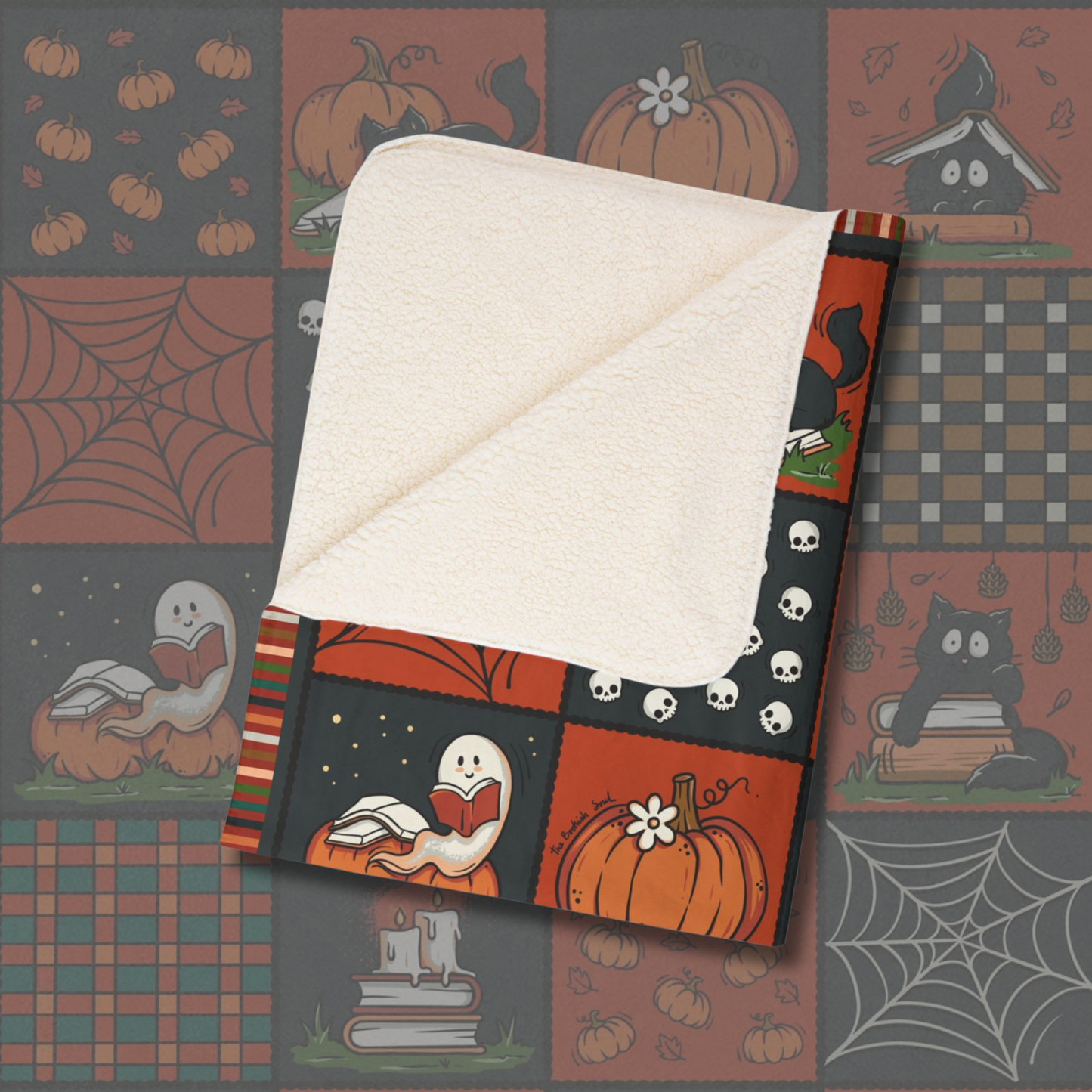 Spooky Patchwork Fleece Sherpa Blanket | Ghosts, Cats & Books