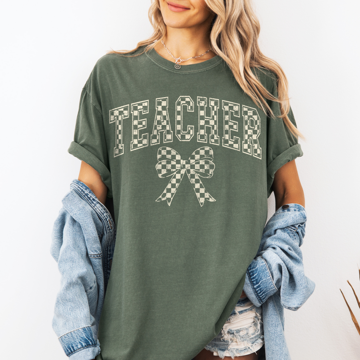 Teacher Retro Checkered Bow