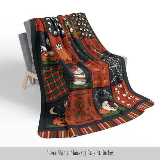 Spooky Patchwork Fleece Sherpa Blanket | Ghosts, Cats & Books