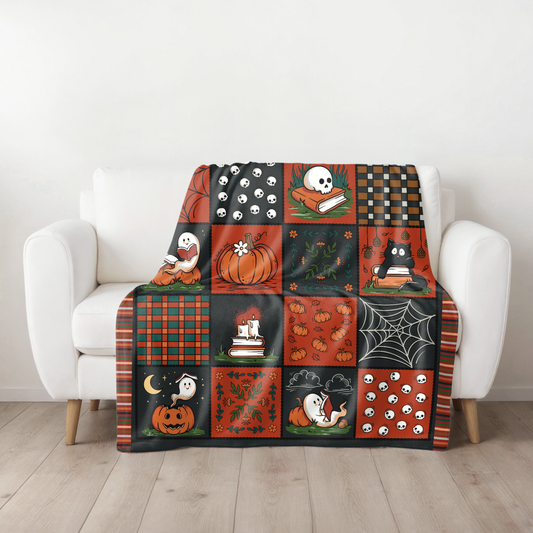 Spooky Patchwork Velveteen Blanket | Ghosts, Cats & Books