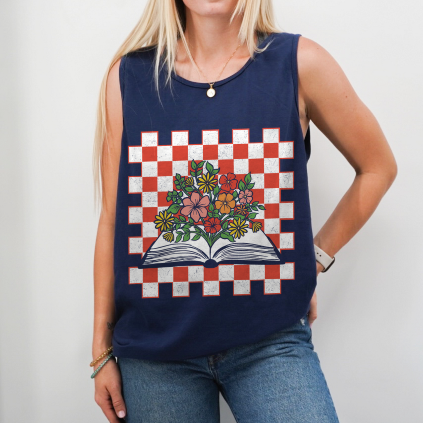 Book and Flowers Checkered Tank Top