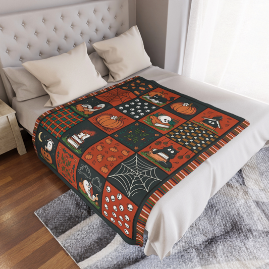 Spooky Patchwork Velveteen Blanket | Ghosts, Cats & Books