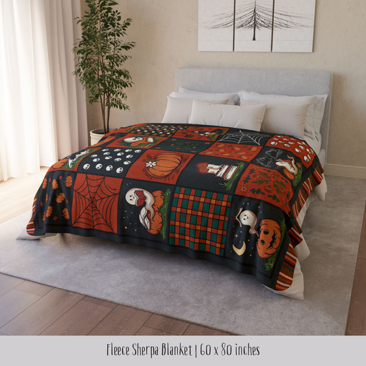 Spooky Patchwork Fleece Sherpa Blanket | Ghosts, Cats & Books