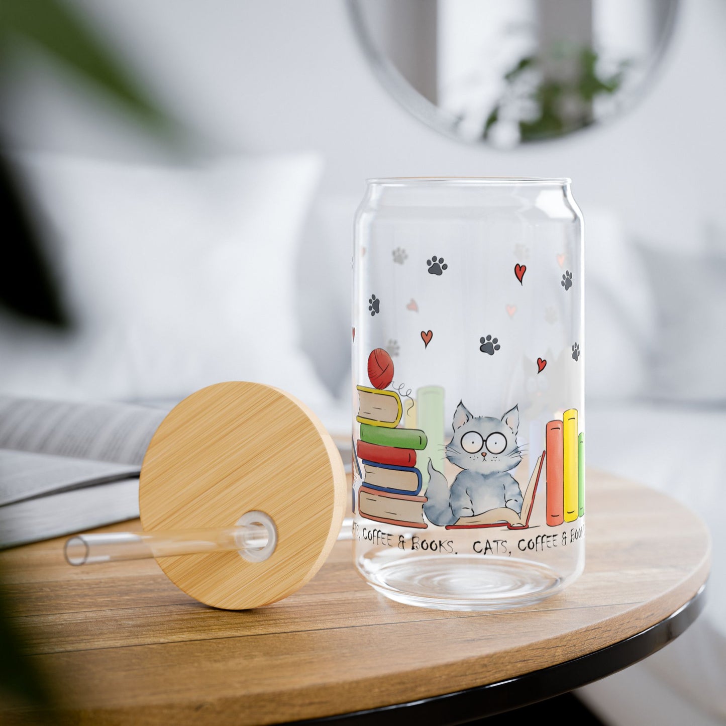 Cats, Coffee & Books Sipper Glass | 16oz