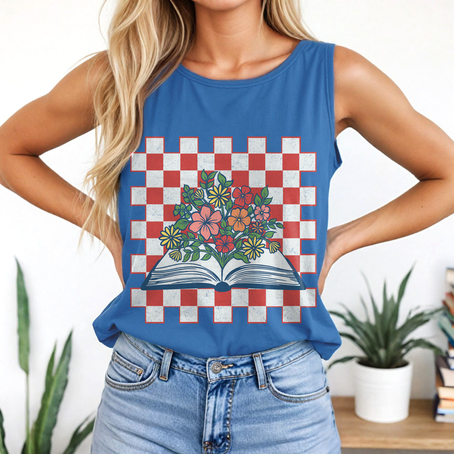 Book and Flowers Checkered Tank Top